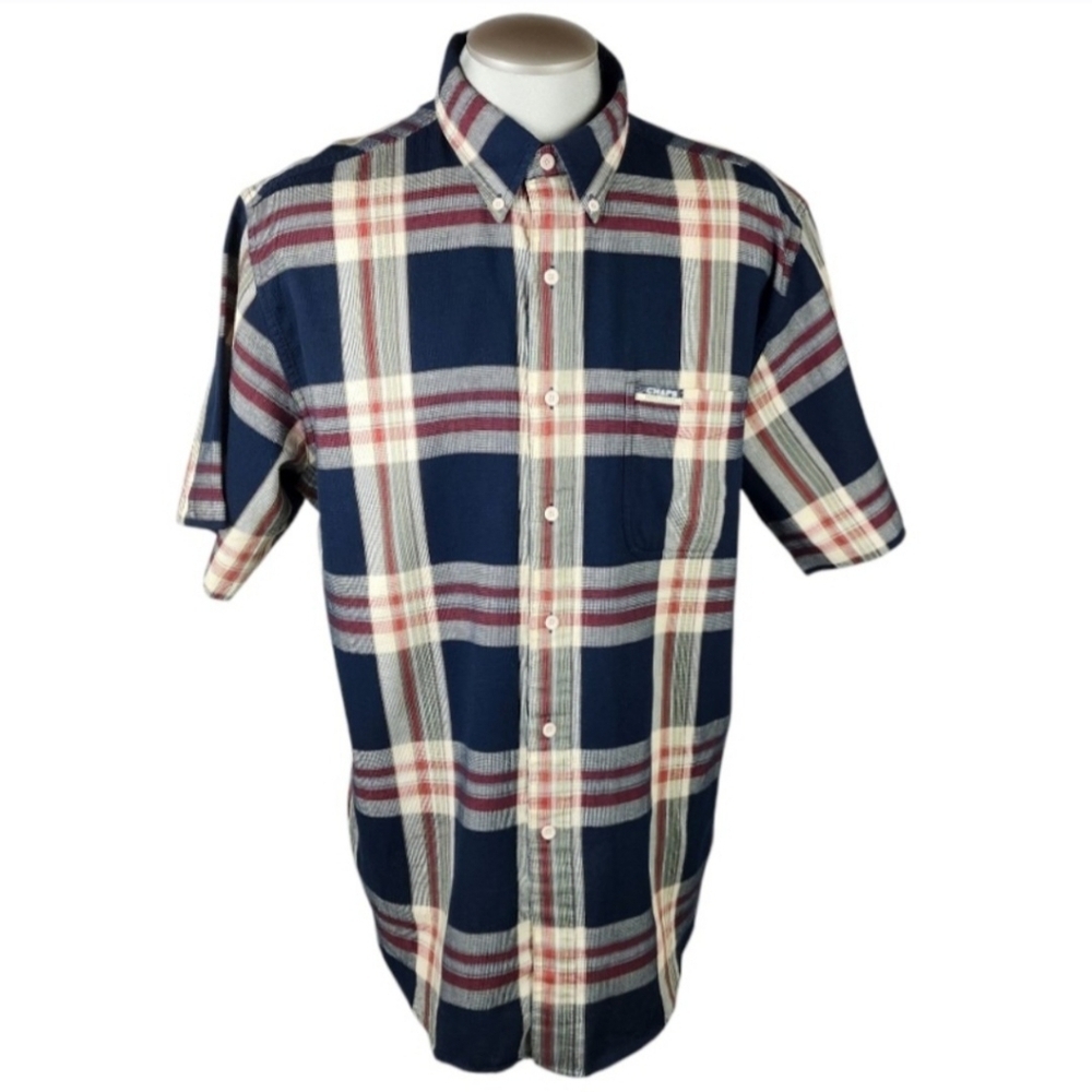Vintage Ralph Lauren Chaps Plaid Button Front Shirt Blue Red Tan Size Large